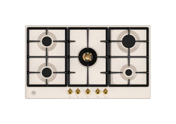 BERTAZZONI Heritage Series - 90cm Gas Hob with Central Dual Wok - Ivory / Gold - Image 2